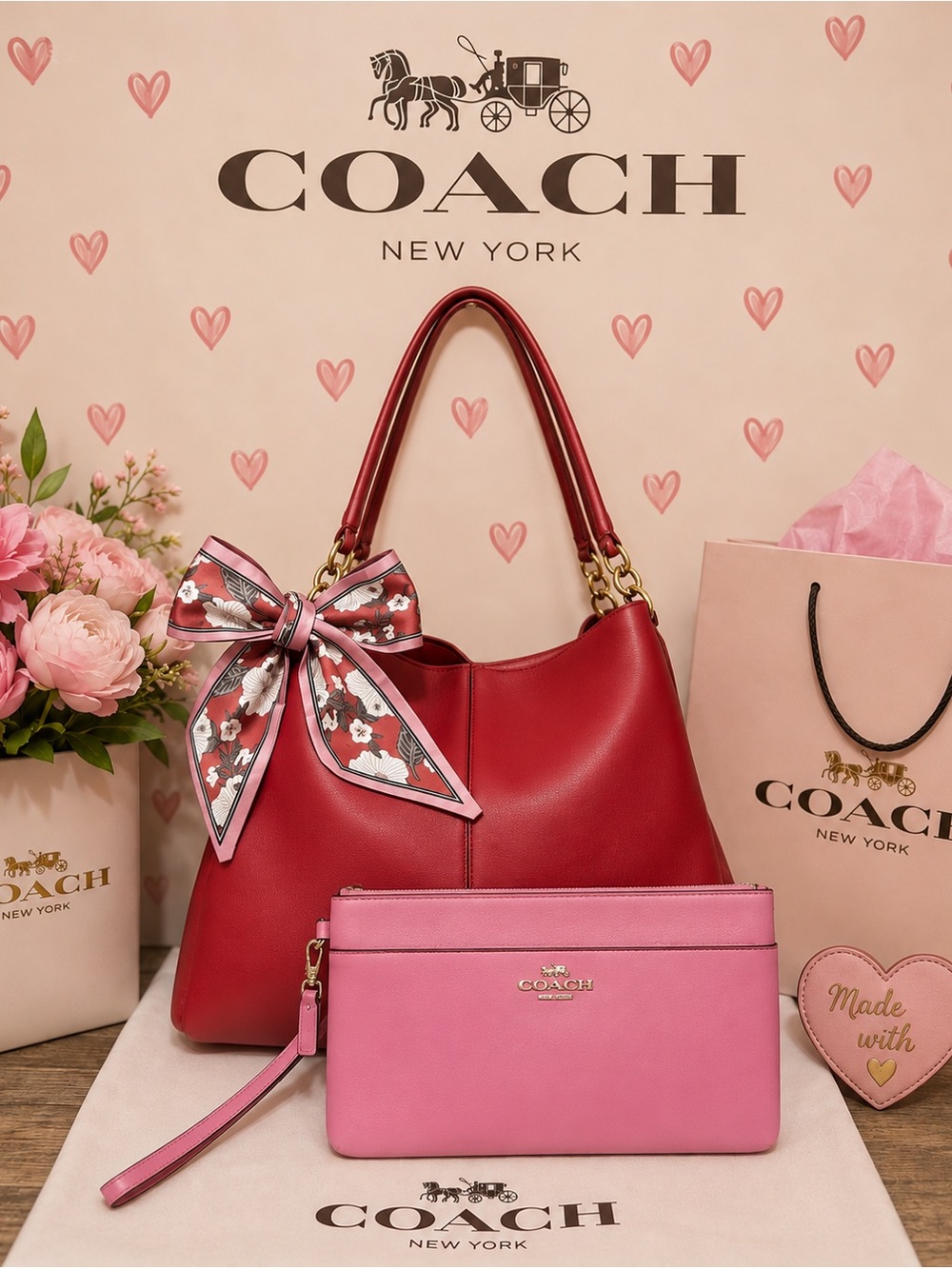 Coach Red and Pink Leather Shoulder Bag Set